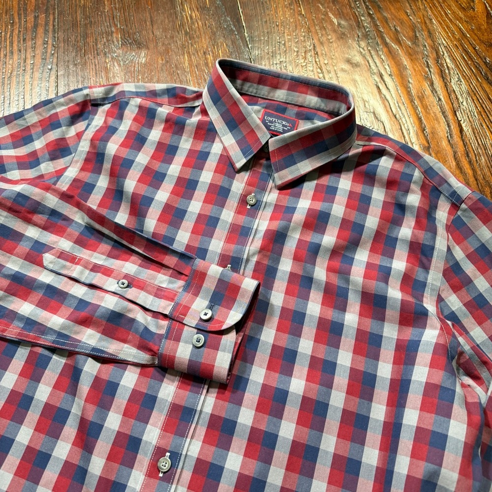 UNTUCKit Button-Up Shirt Mens Large Red Blue Plaid Slim Fit Wrinkle Free 35662